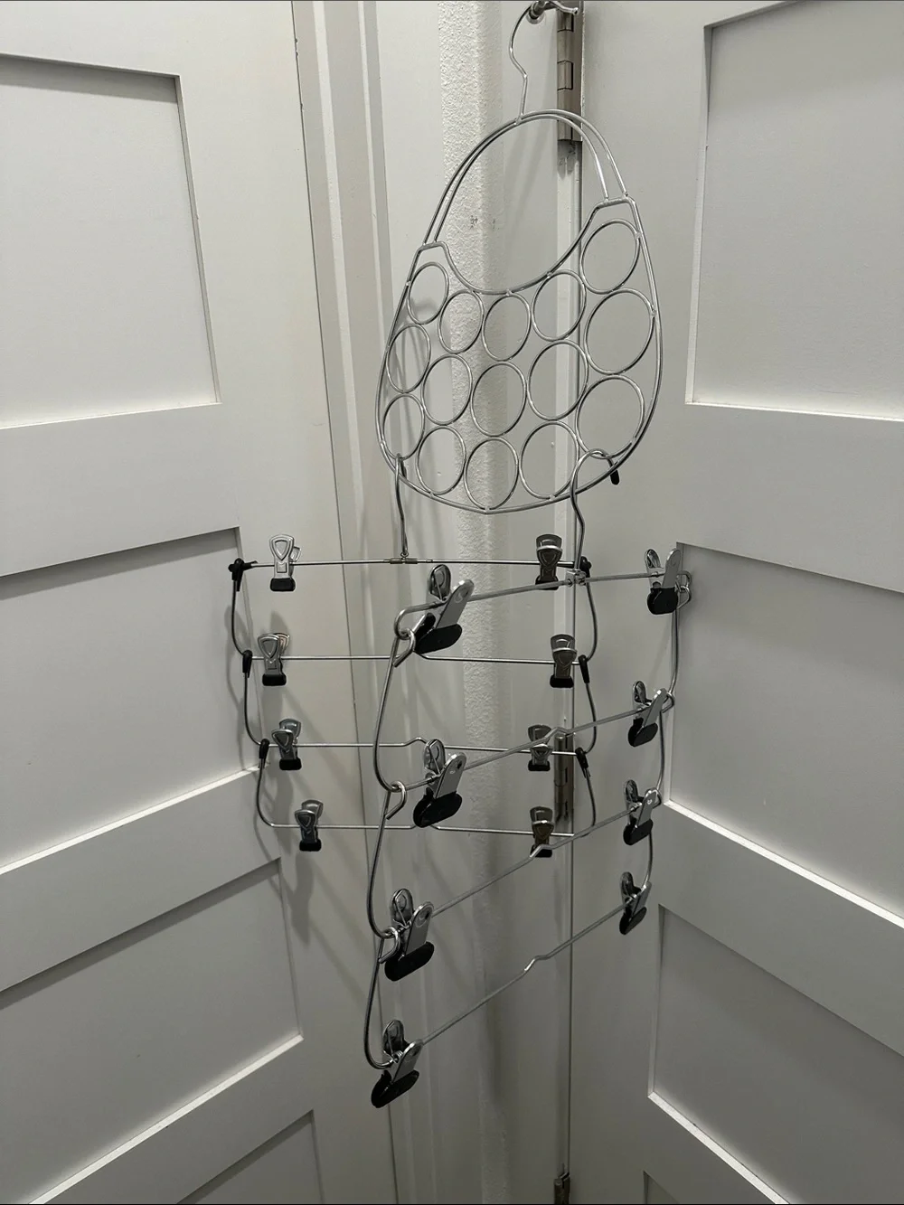 3pc Chrome Closet Organizer Lot: Two 4-Tier Pant Hangers & Scarf/Tie/Belt Holder